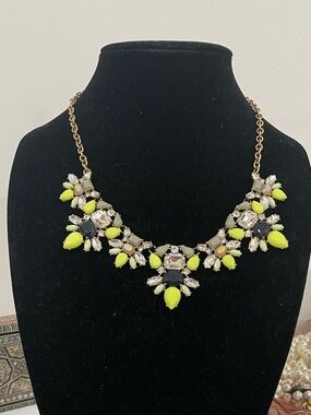 J.CREW Rhinestone Statement Necklace Gold Tone Neon Yellow Green Black Blush
